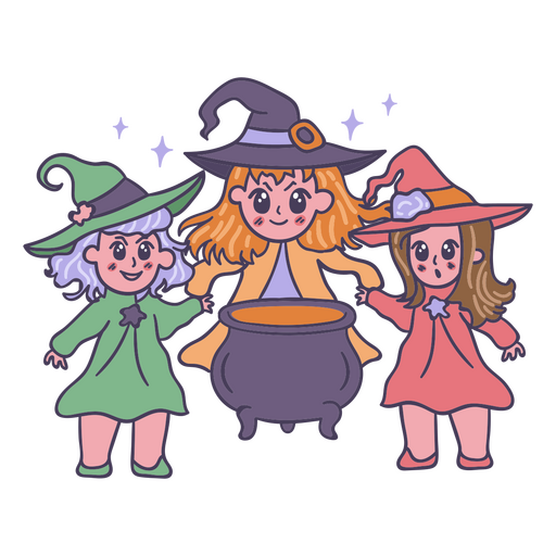Dibujos animados de Halloween del aquelarre de brujas kawaii