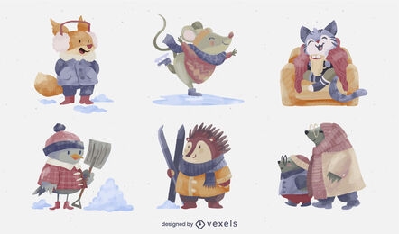 Conjunto de acuarela de invierno de personajes de animales lindos