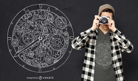 Diseño de camiseta de arte de línea de reloj mecánico.
