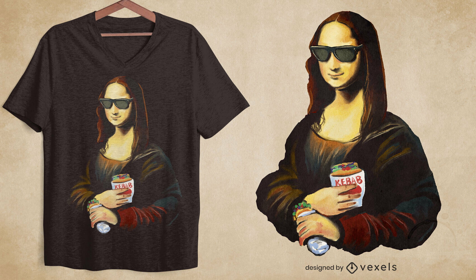 Diseño de camiseta de pintura de comida de kebab de Mona lisa