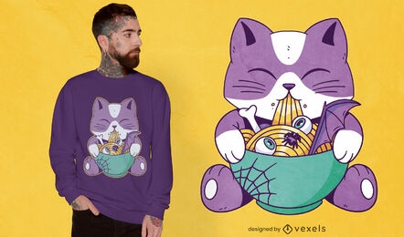 Lindo gato comiendo diseño de camiseta de ramen de halloween