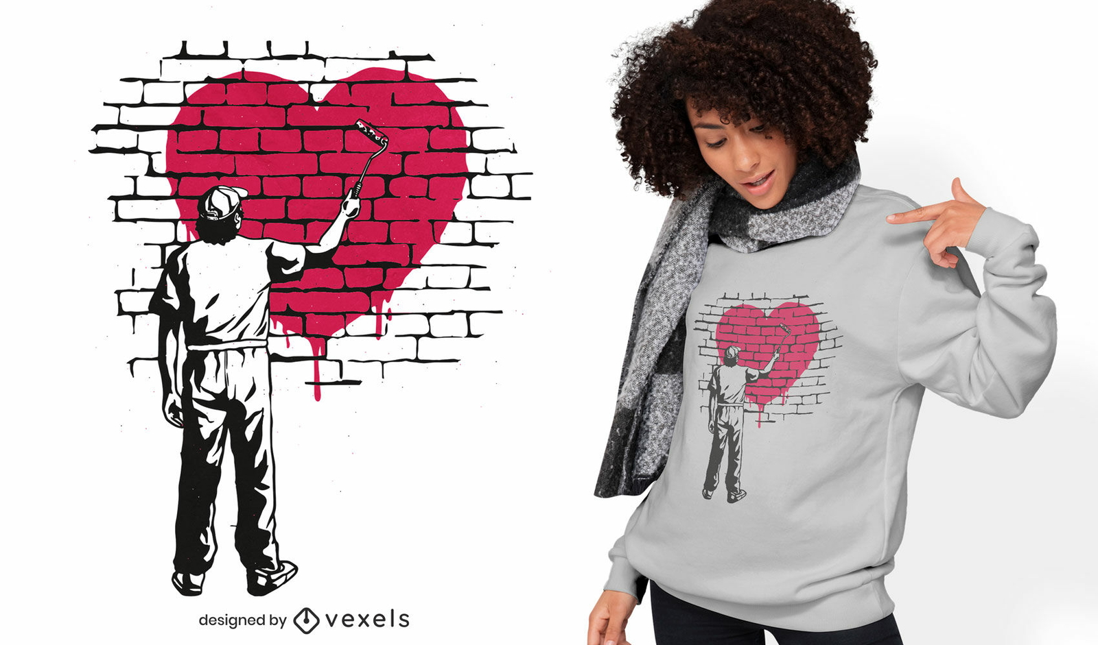 Hombre pintando corazón en diseño de camiseta de pared