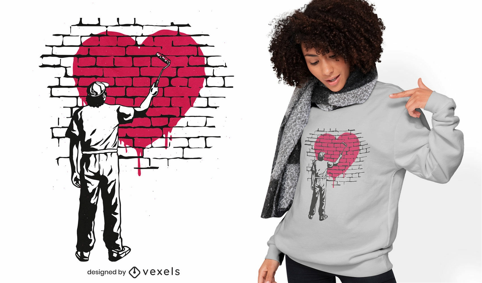 Mann malt Herz auf Wand-T-Shirt-Design