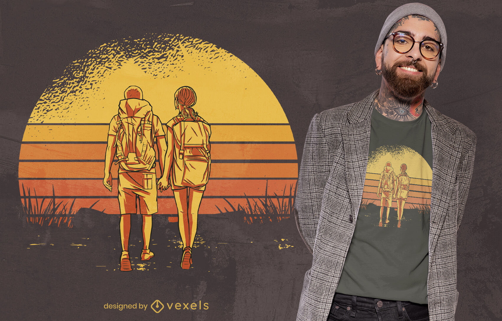 Casal caminhando com design retrô de camiseta para o pôr do sol