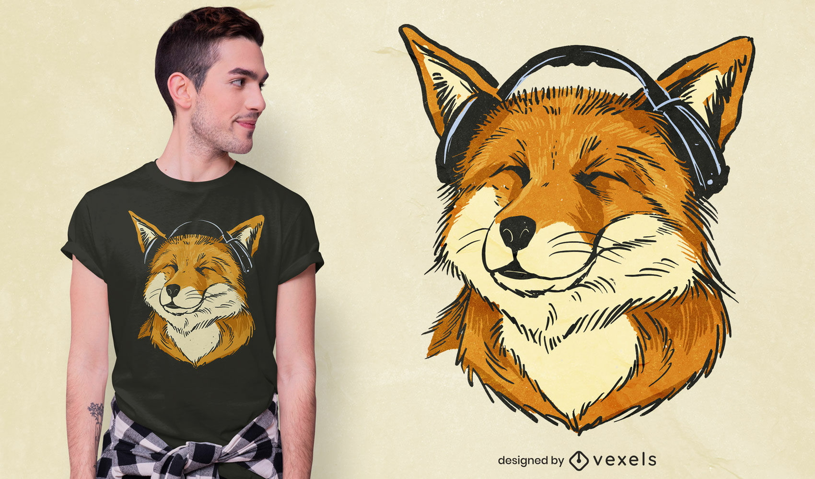 Glücklicher Fuchs mit Kopfhörer-T-Shirt-Design