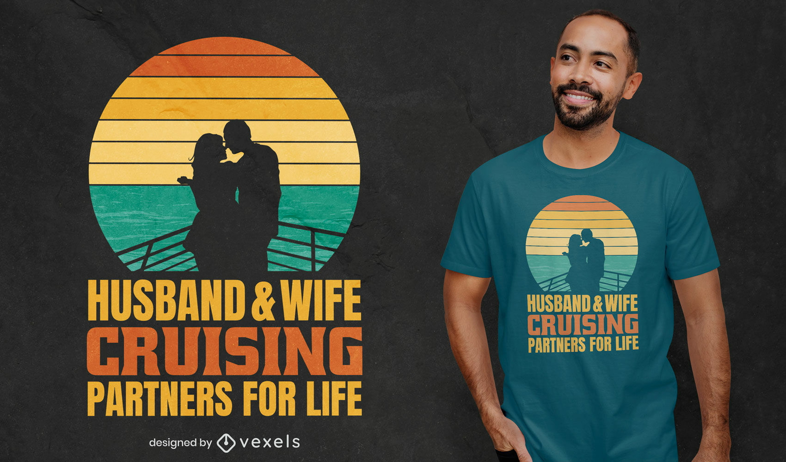 Casal apaixonado navegando com design retrô de camiseta