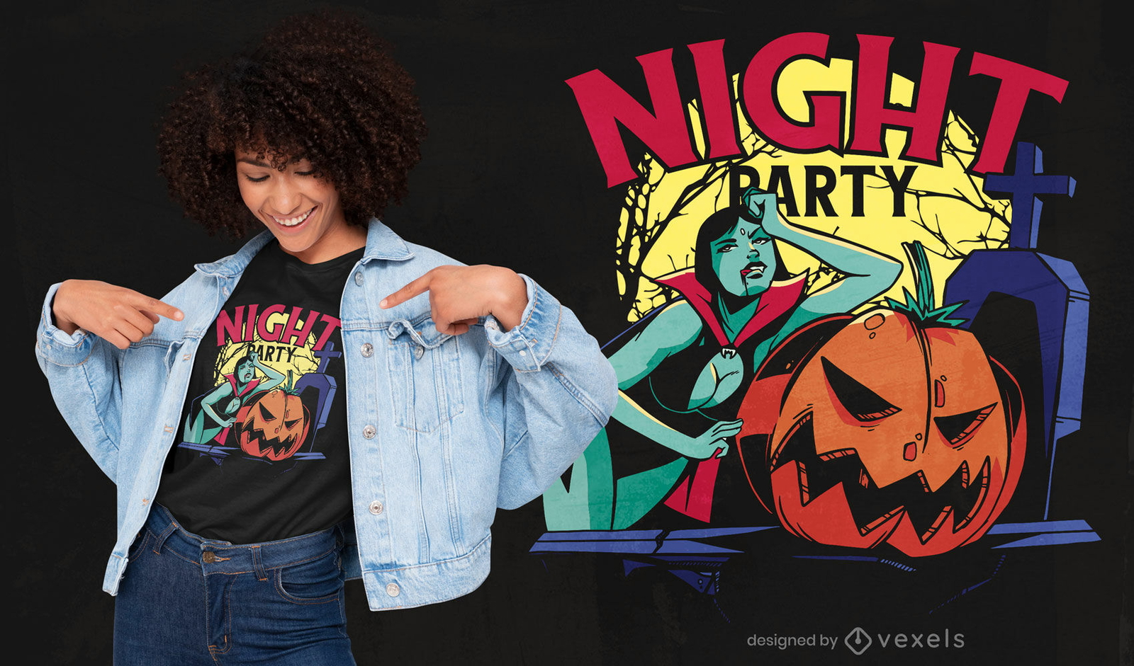 Bruja de Halloween en diseño de camiseta de cementerio