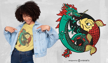 Drachen- und Fisch-Ying-Yang-T-Shirt-Design