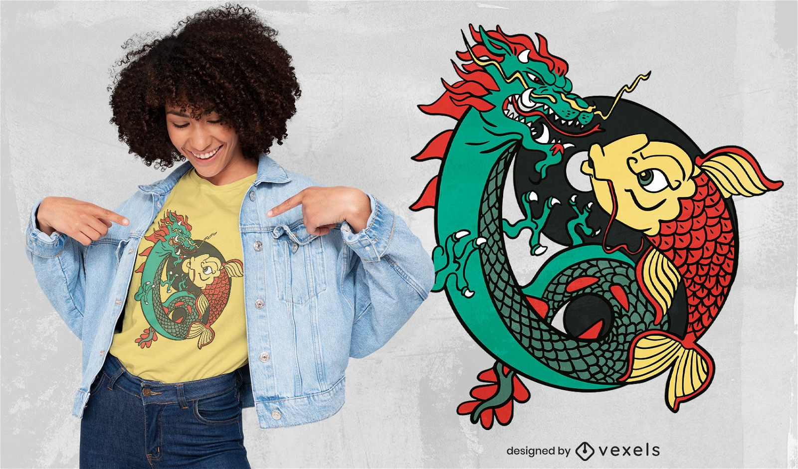 Design de camiseta de dragão e peixe yin yang