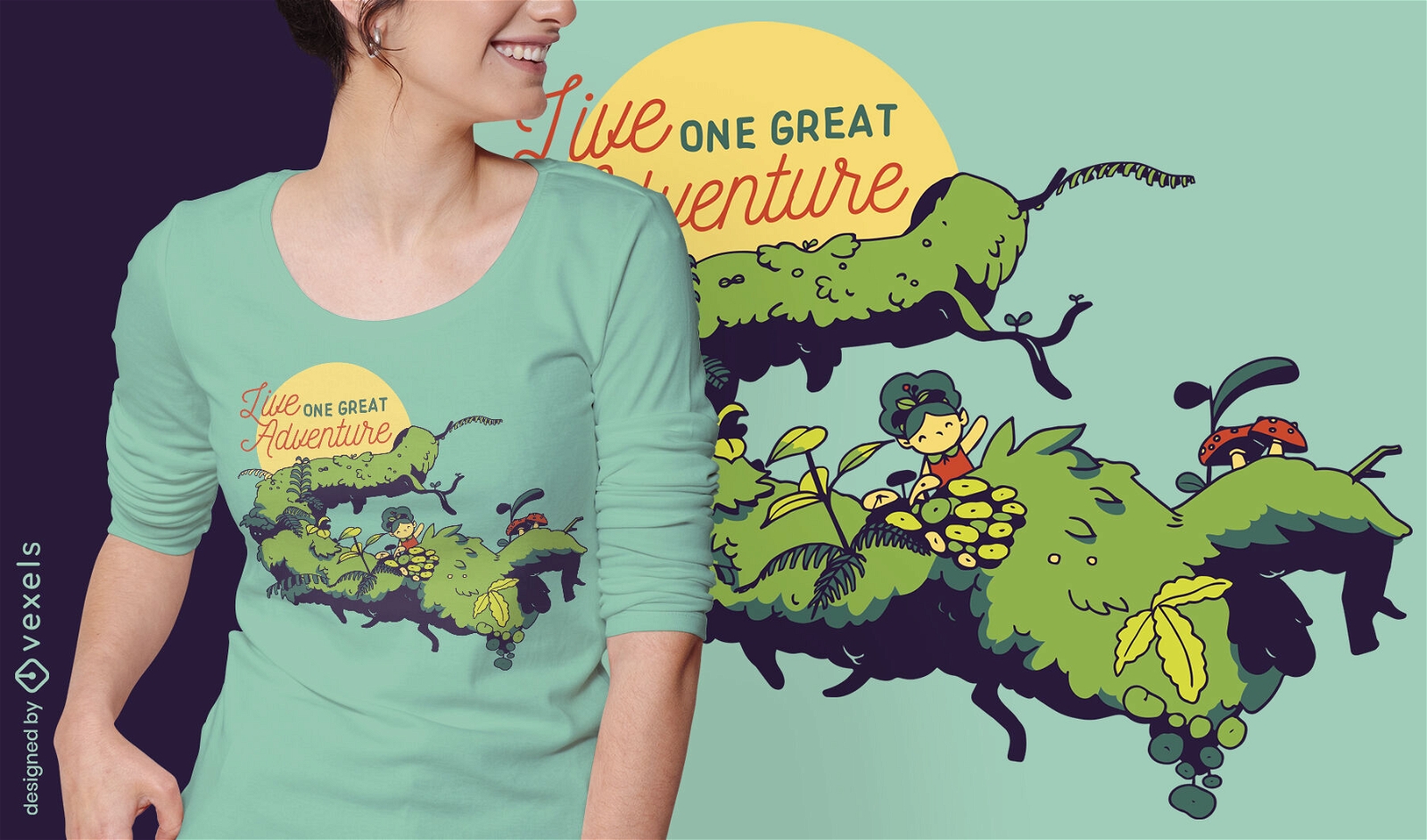 Menina pequena no design de t-shirt de citação de aventura do ramo