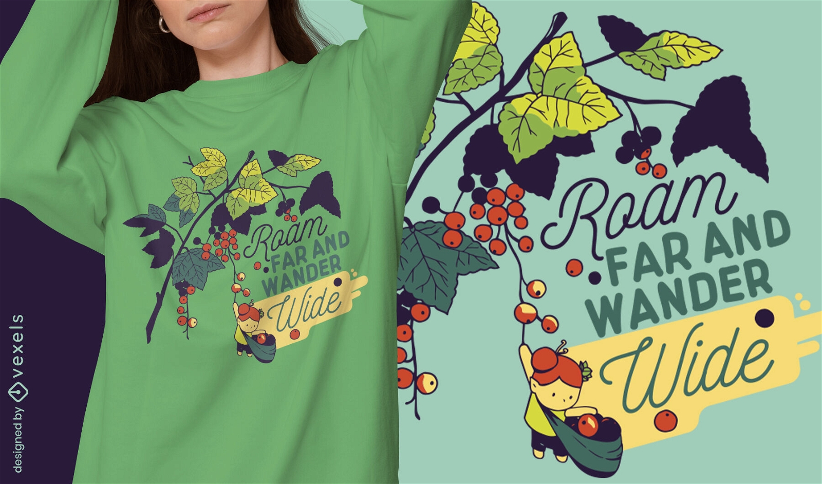 Pequena garota coletando frutas no design de uma camiseta de árvore