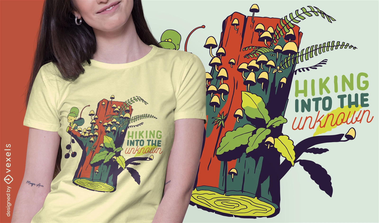 Winziges Mädchen im Baumstamm mit Wanderzitat-T-Shirt-Design