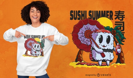Beach sushi cartoon food t-shirt design