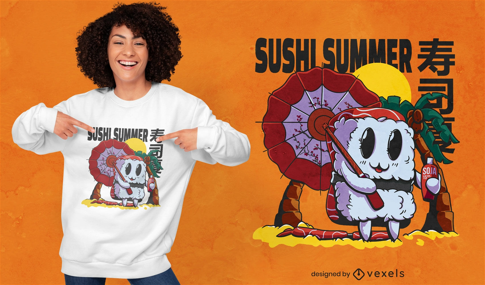 Diseño de camiseta de comida de dibujos animados de sushi de playa
