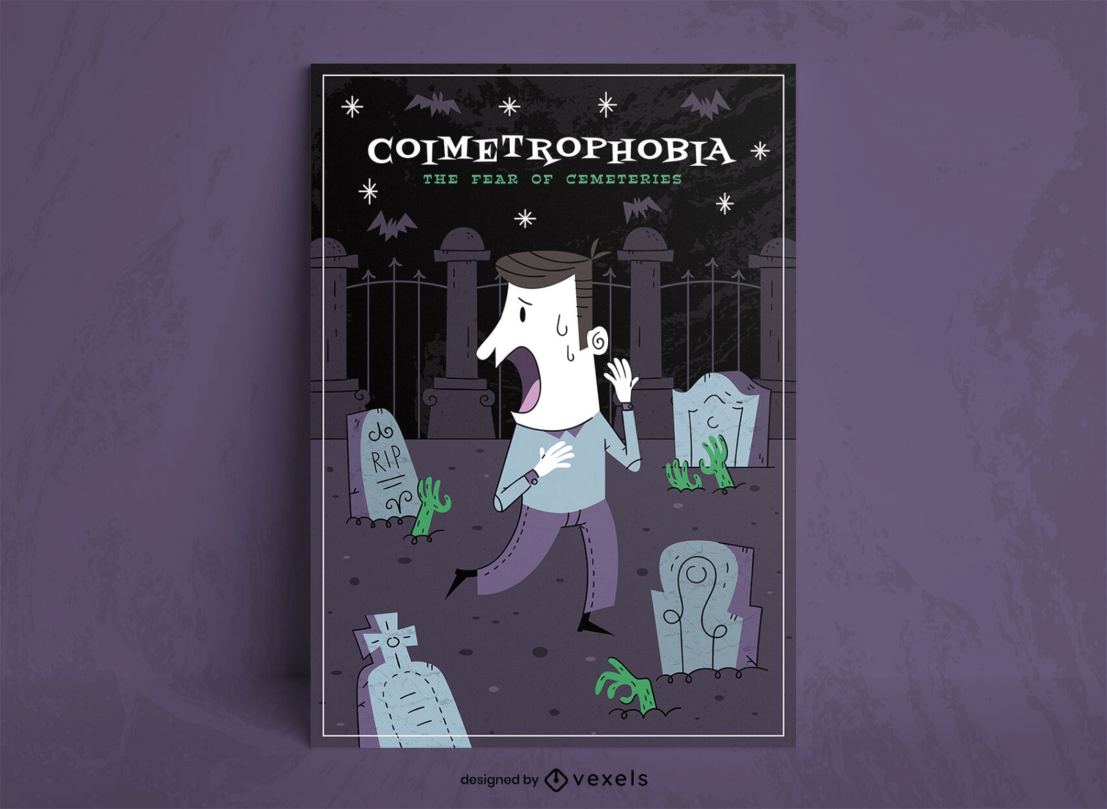 Scared man in cemetery poster template