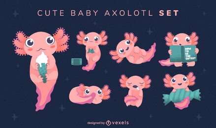 Cute baby axolotl animal character set