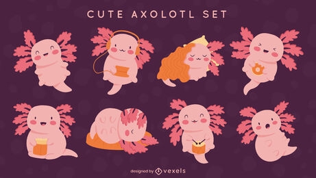 Adorable axolotl animal character set
