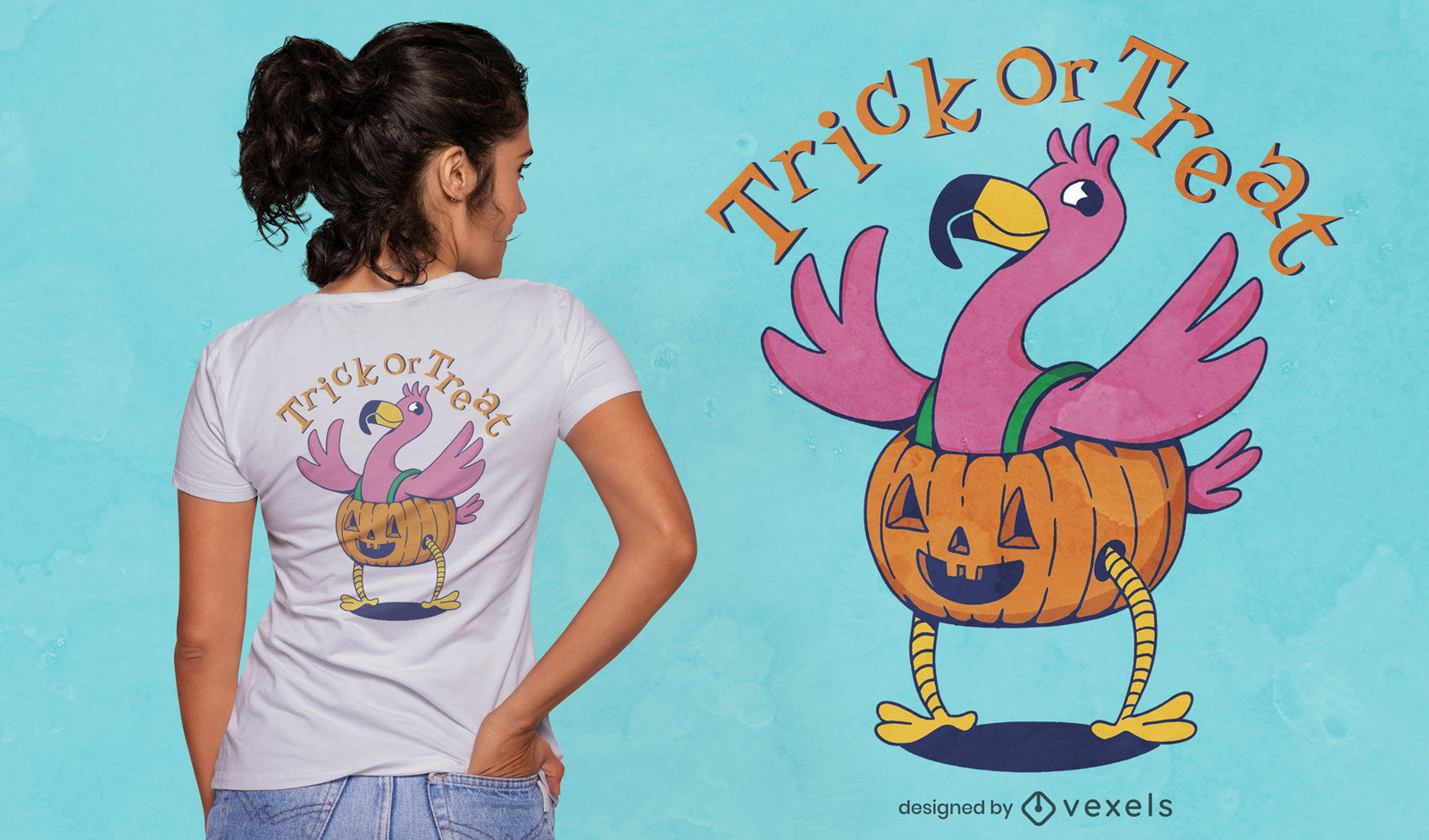 Design de camiseta com fantasia de abóbora flamingo para Halloween