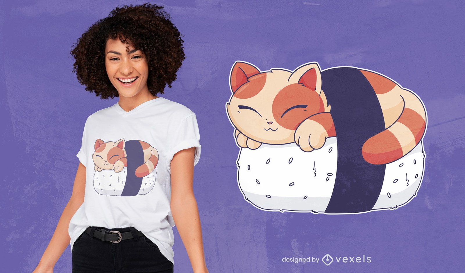 Diseño de camiseta de sushi gato animal durmiendo.