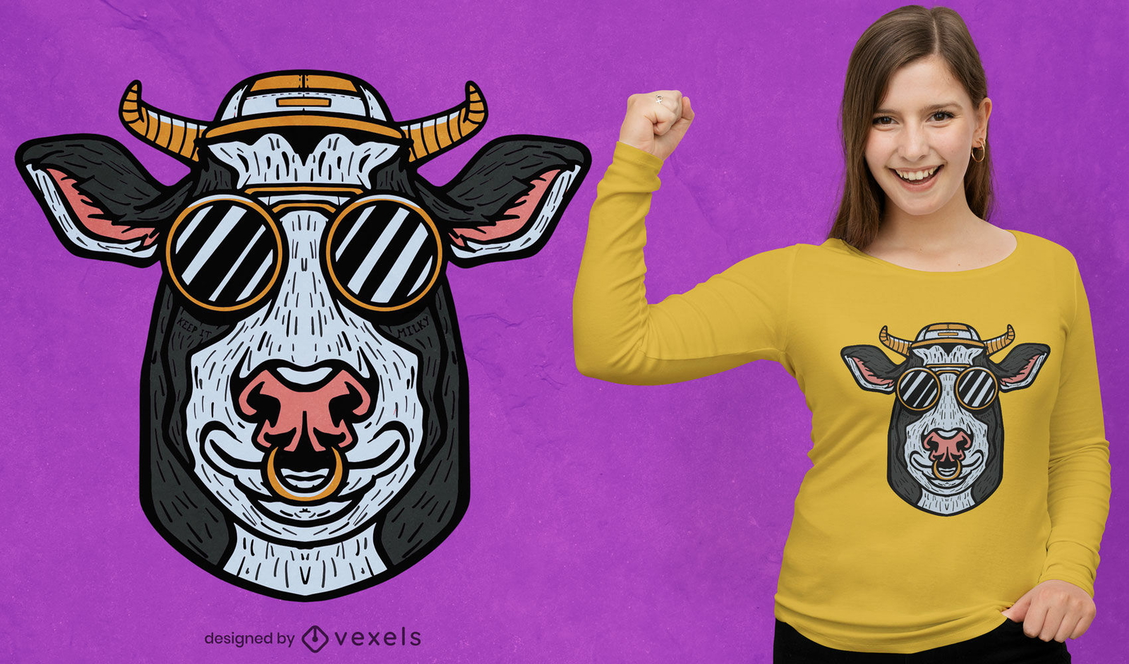 Animal vaca com design de t-shirt de óculos de sol