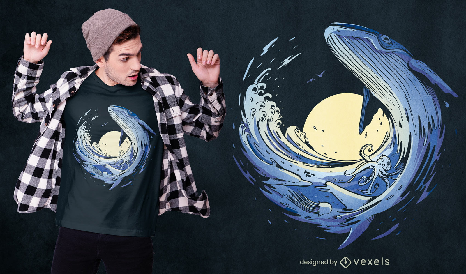 Diseño de camiseta de animales marinos ballena ola oceánica