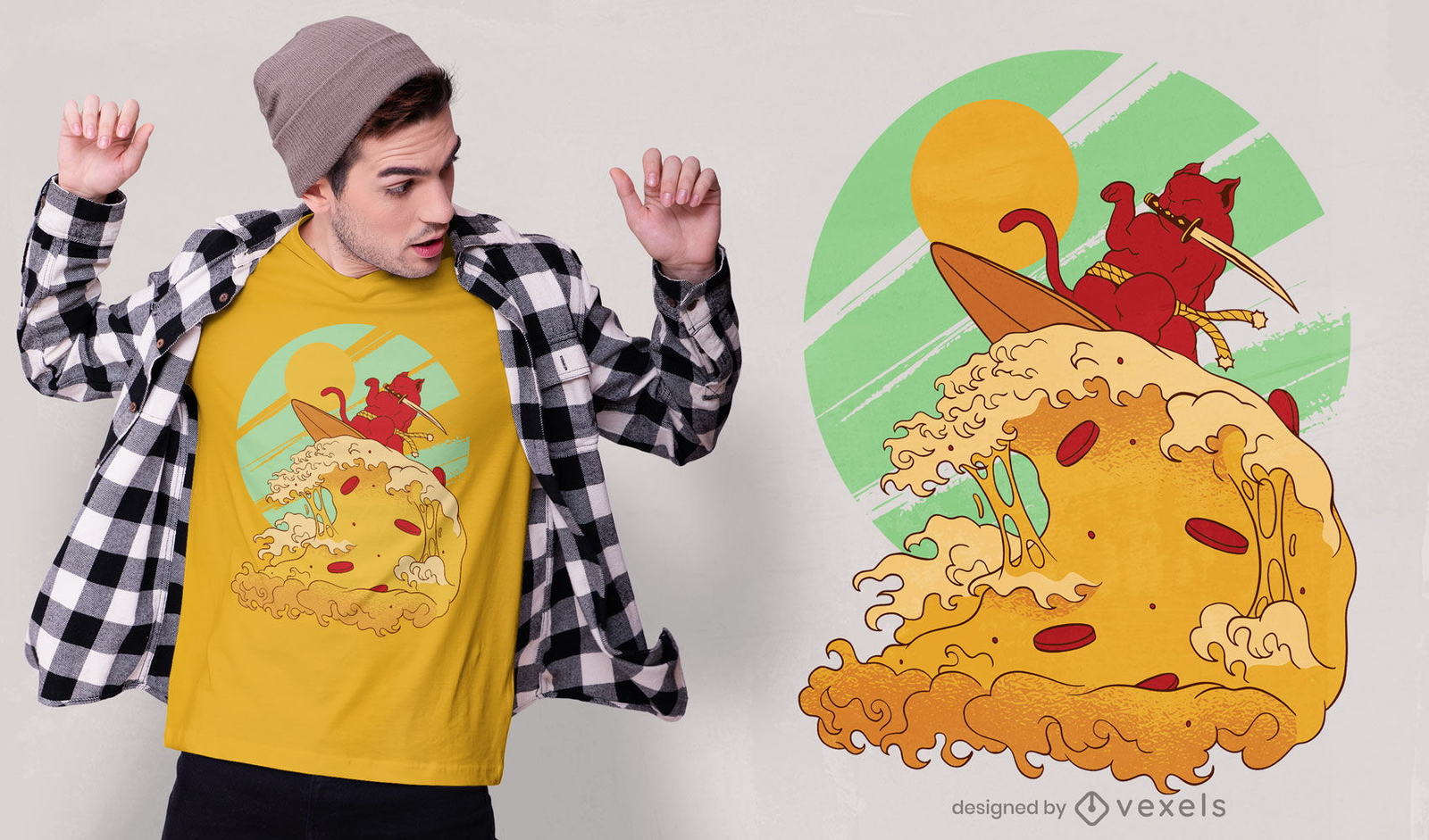 Diseño de camiseta de ola de pizza de surf de gato japonés