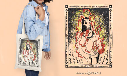 Diseño de la bolsa de asas de la ilustración de la mujer en el fuego