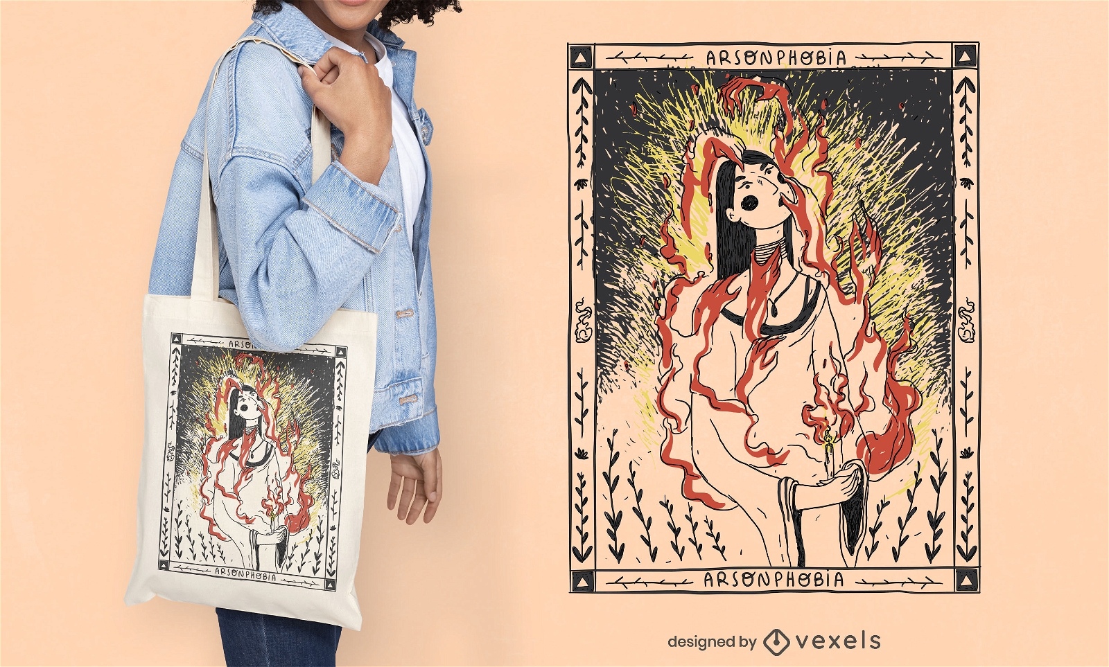 Woman on fire illustration tote bag design