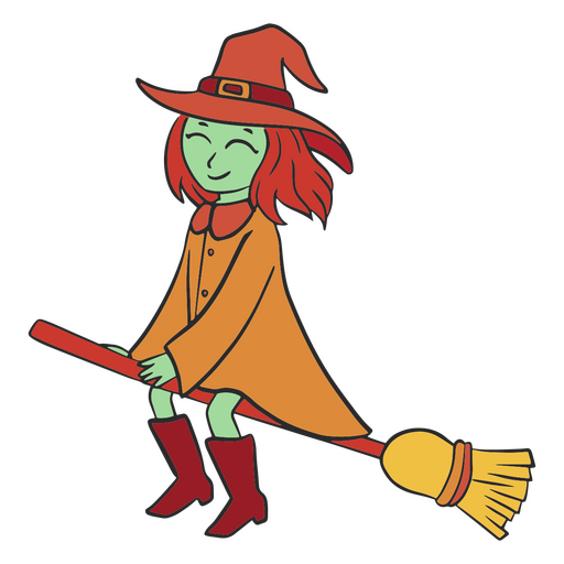 Witch on flying broom cartoon character PNG Design