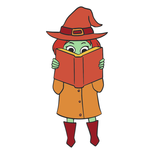 Personaje de bruja leyendo un libro. Diseño PNG