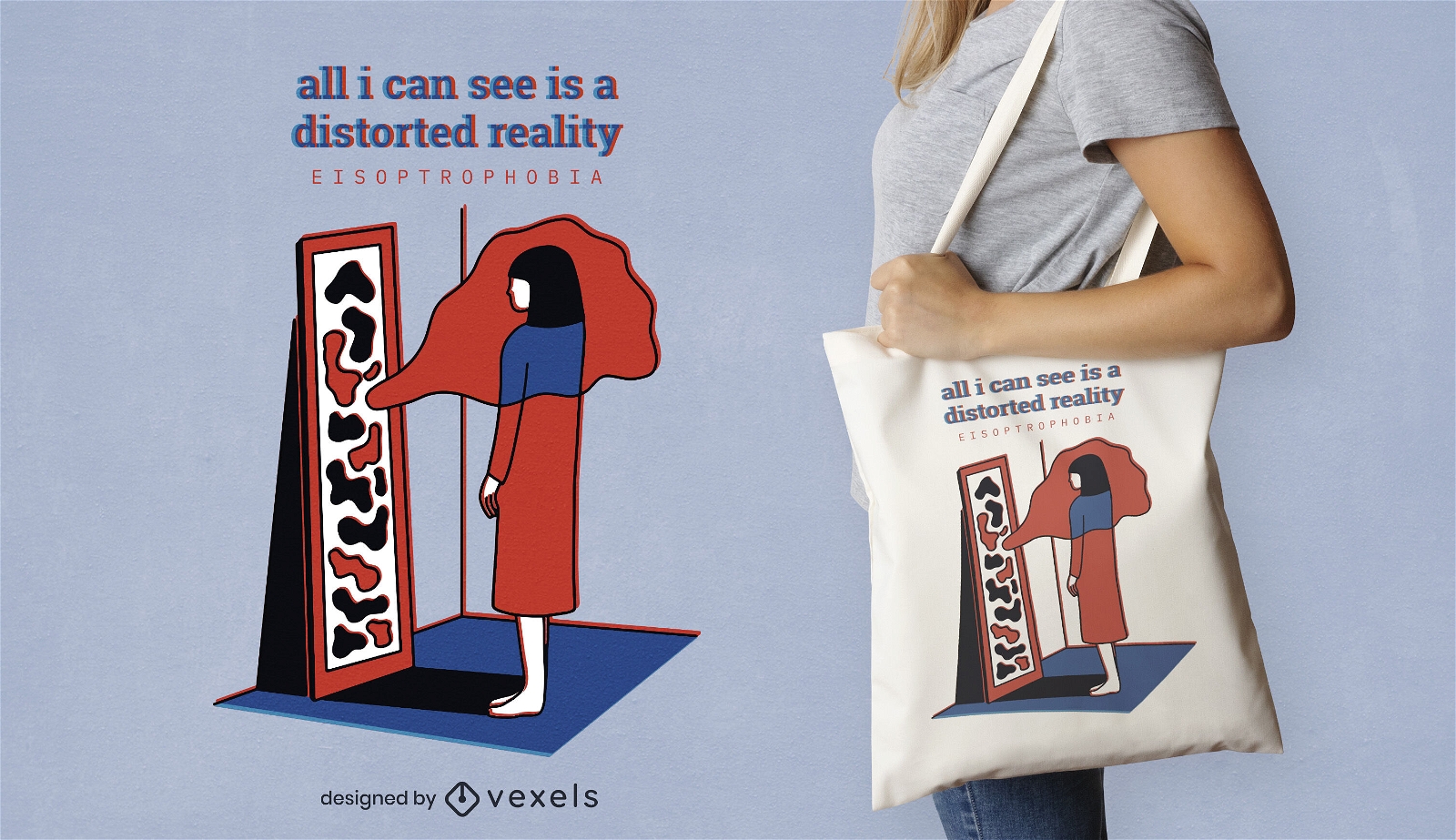 Woman afraid of mirror tote bag design