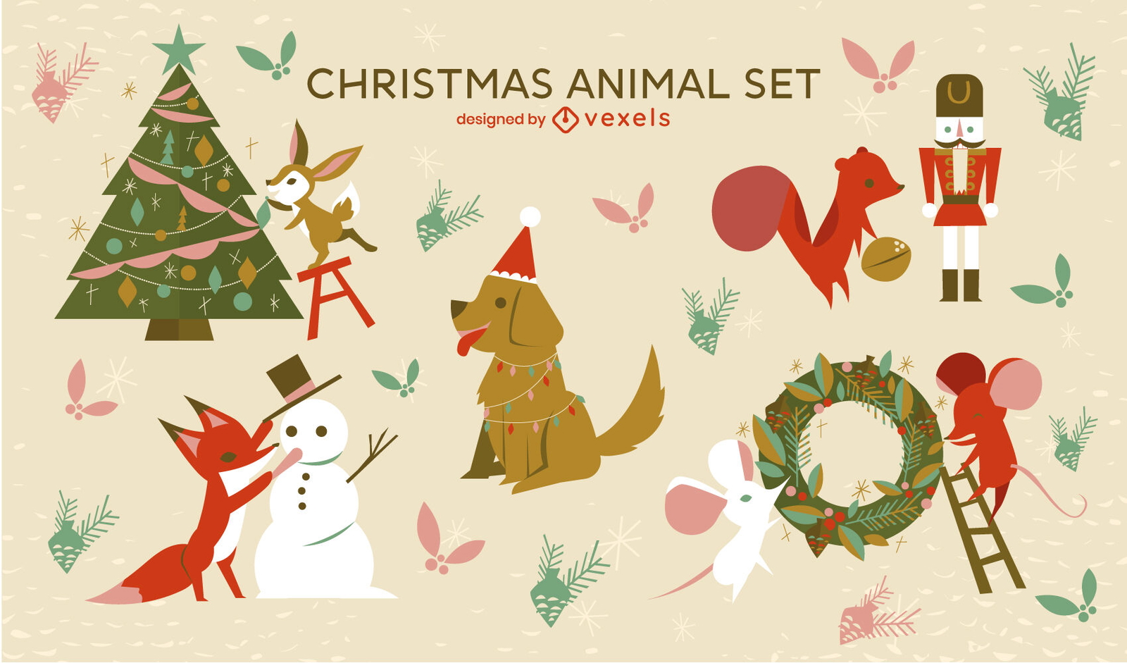 Conjunto de férias de animais e elementos de natal