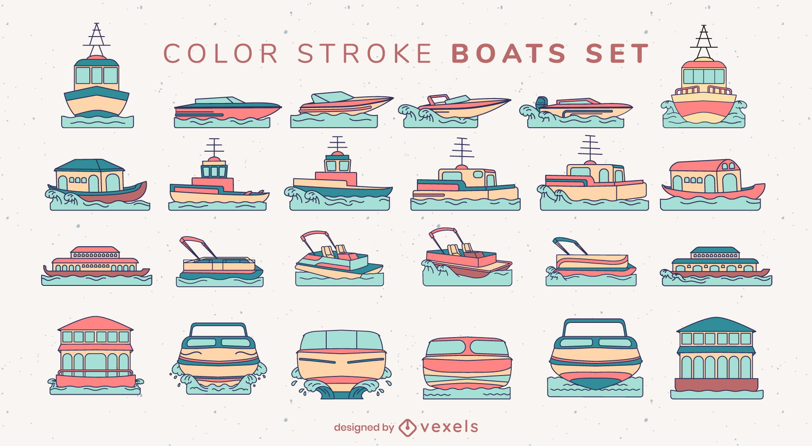 Conjunto grande de traços coloridos de barcos e navios