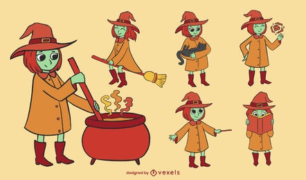 Cool witch illustrations set color stroke