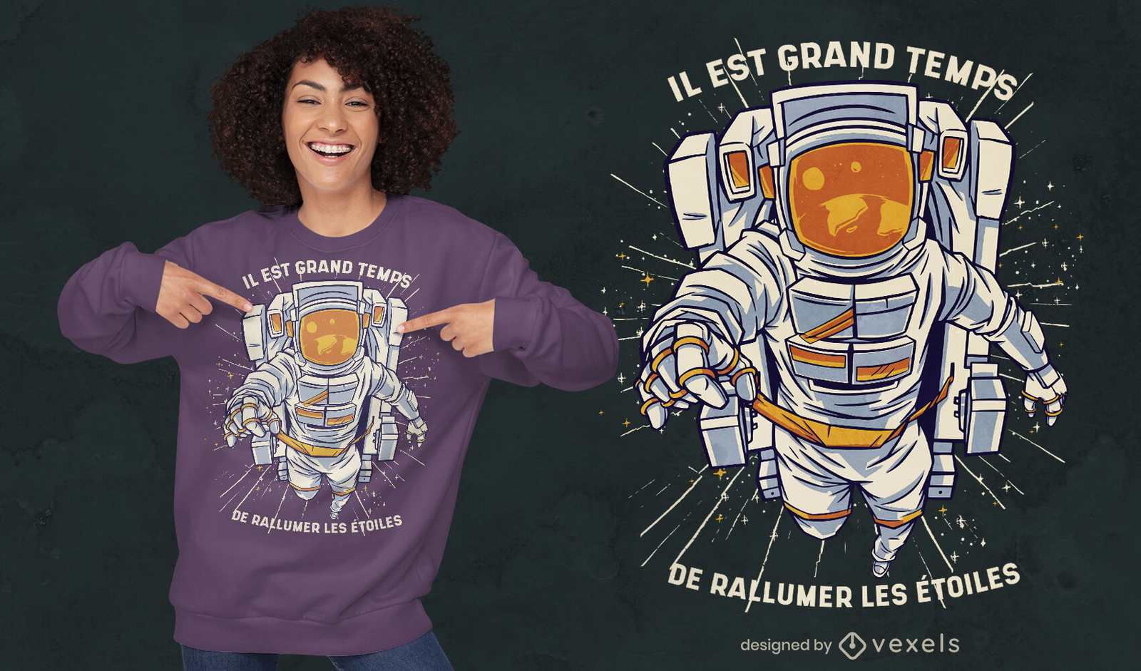 Design de camiseta com ilustração frontal de astronauta