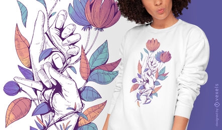 Diseño de camiseta psd de hojas y manos de color.