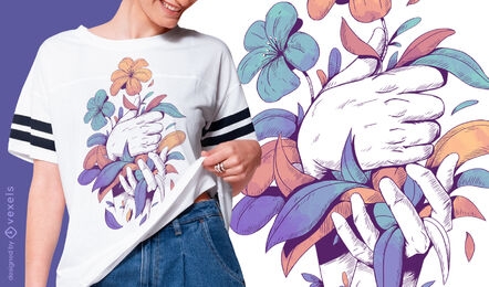 Manos sosteniendo flores y hojas diseño de camiseta psd