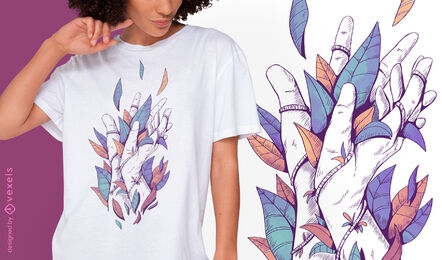 Manos con hojas de color diseño de camiseta psd