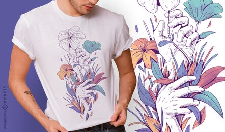 Manos con flores y hojas diseño de camiseta psd.