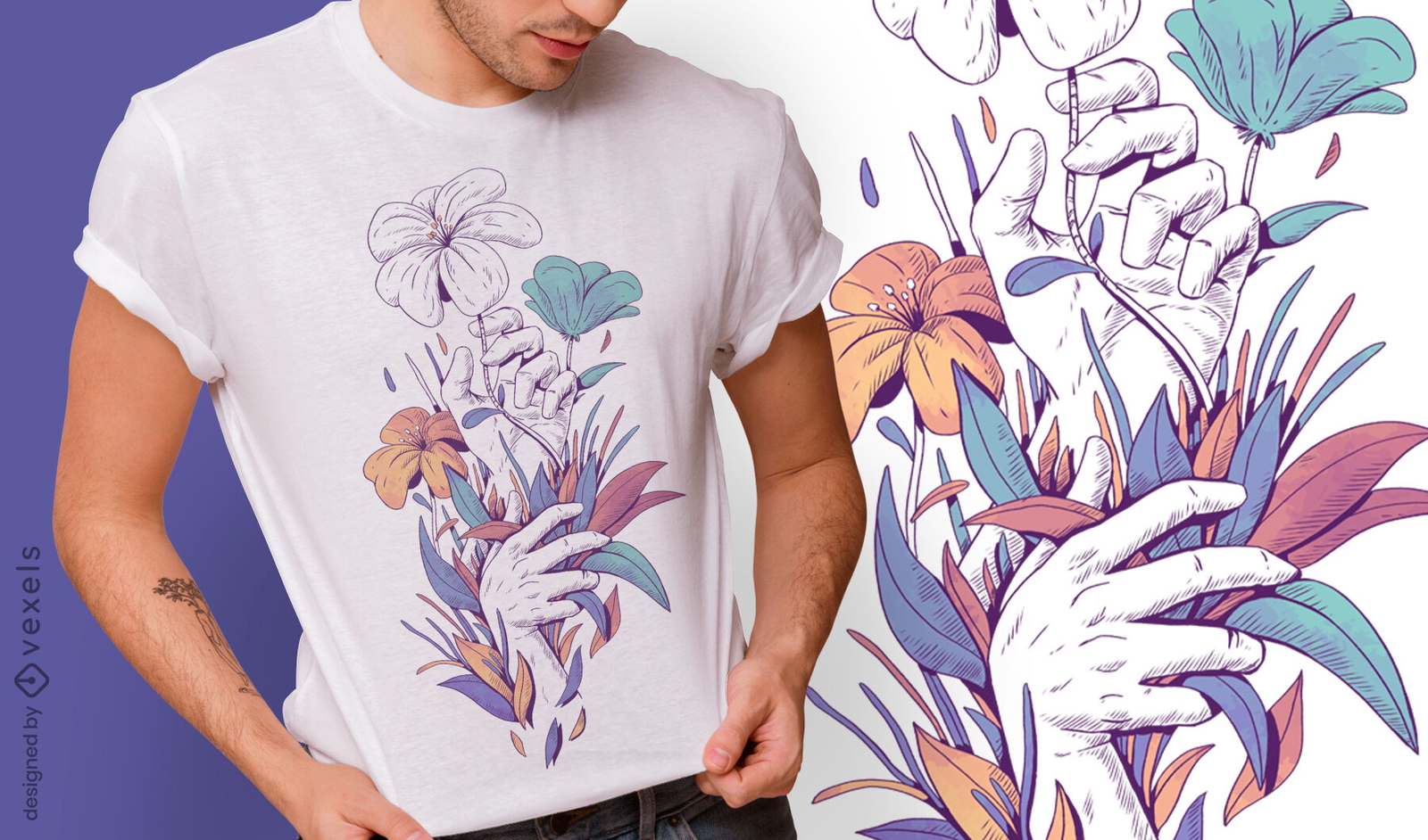 Hände mit Blumen und Blättern PSD-T-Shirt-Design