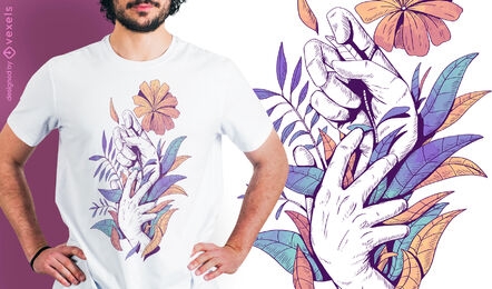 Hands holding leaves and flowers psd t-shirt design