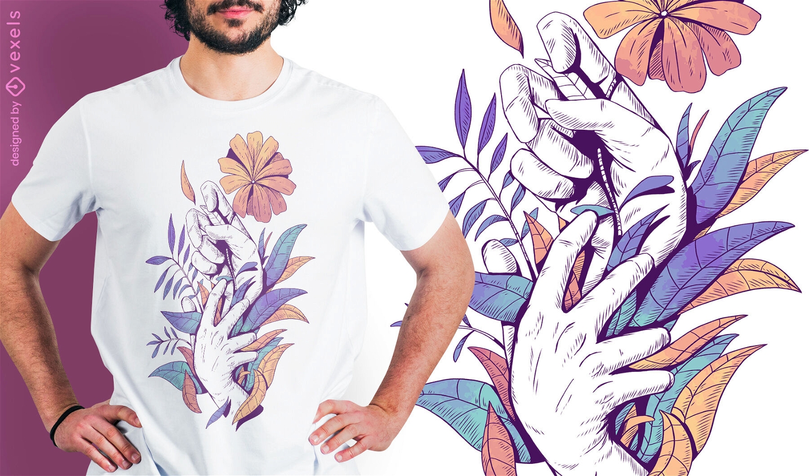 H?nde halten Bl?tter und Blumen PSD-T-Shirt-Design