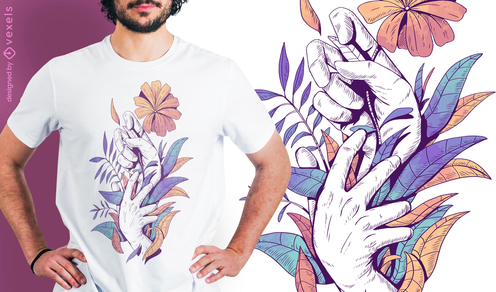 Hände halten Blätter und Blumen PSD-T-Shirt-Design