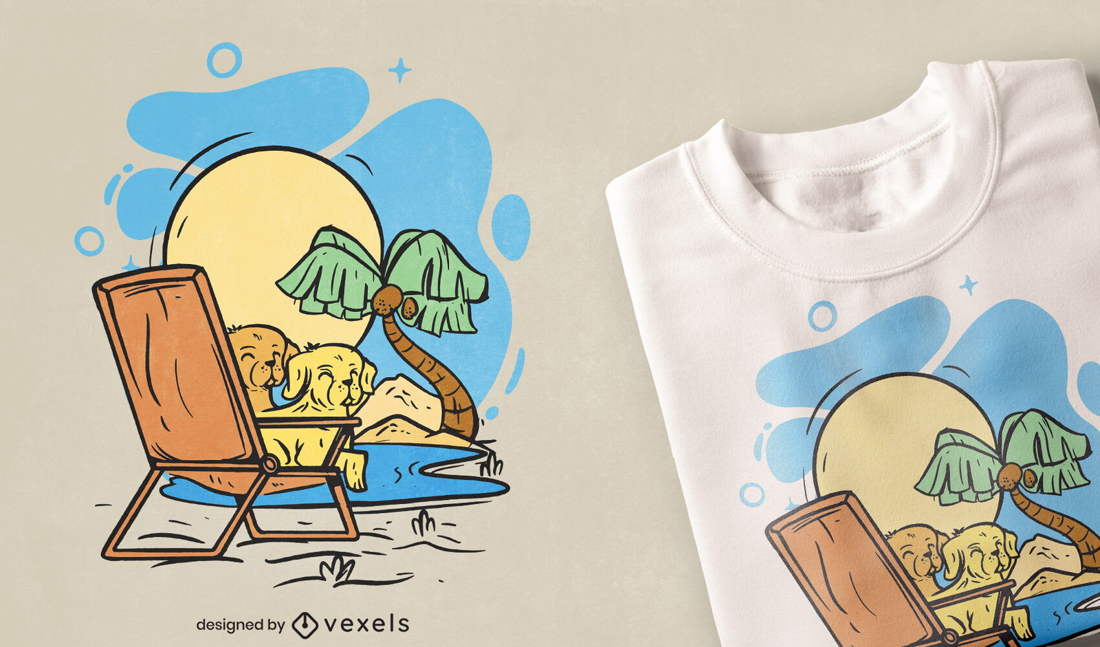 Golden retrievers en diseño de camiseta de silla de playa.