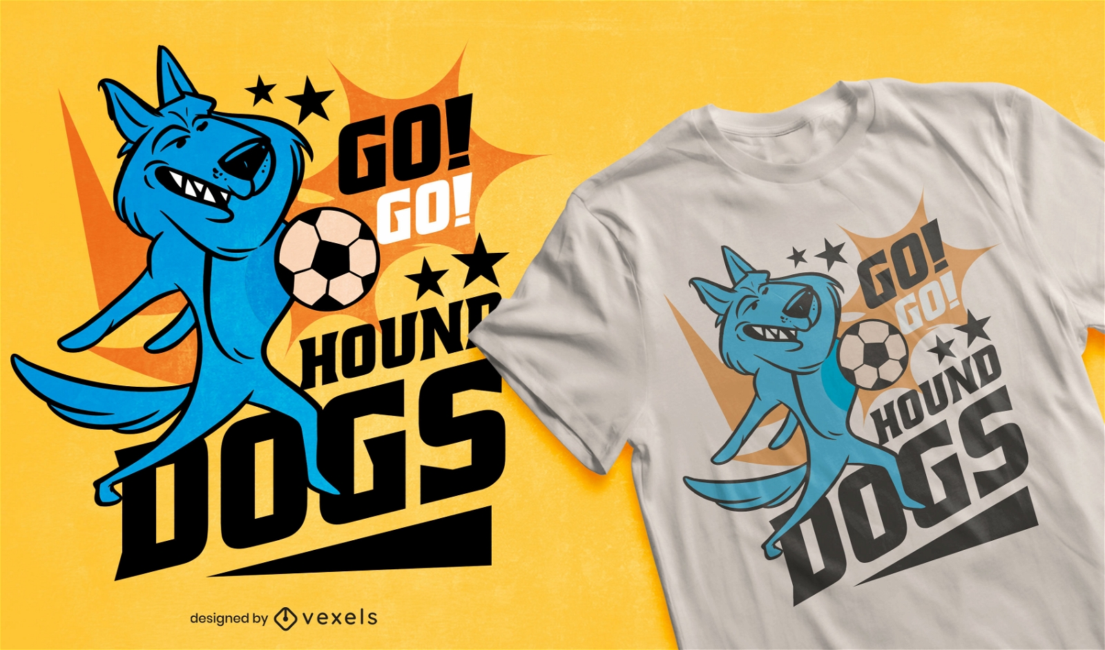 Cartoon-Hund, der Fußball-T-Shirt-Design spielt