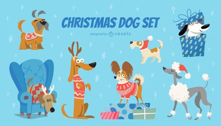 Conjunto de animales de perro de dibujos animados de vacaciones de Navidad