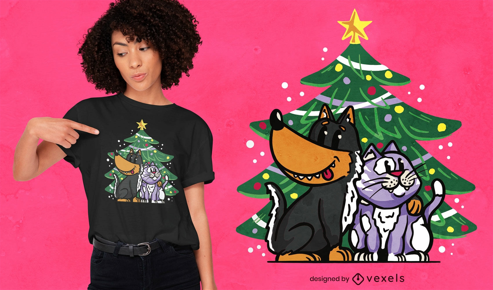 Dise?o de camiseta de gato y perro bajo el ?rbol de navidad