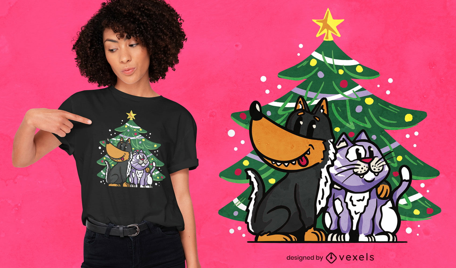 Gato e cachorro sob o design da camiseta da árvore de Natal