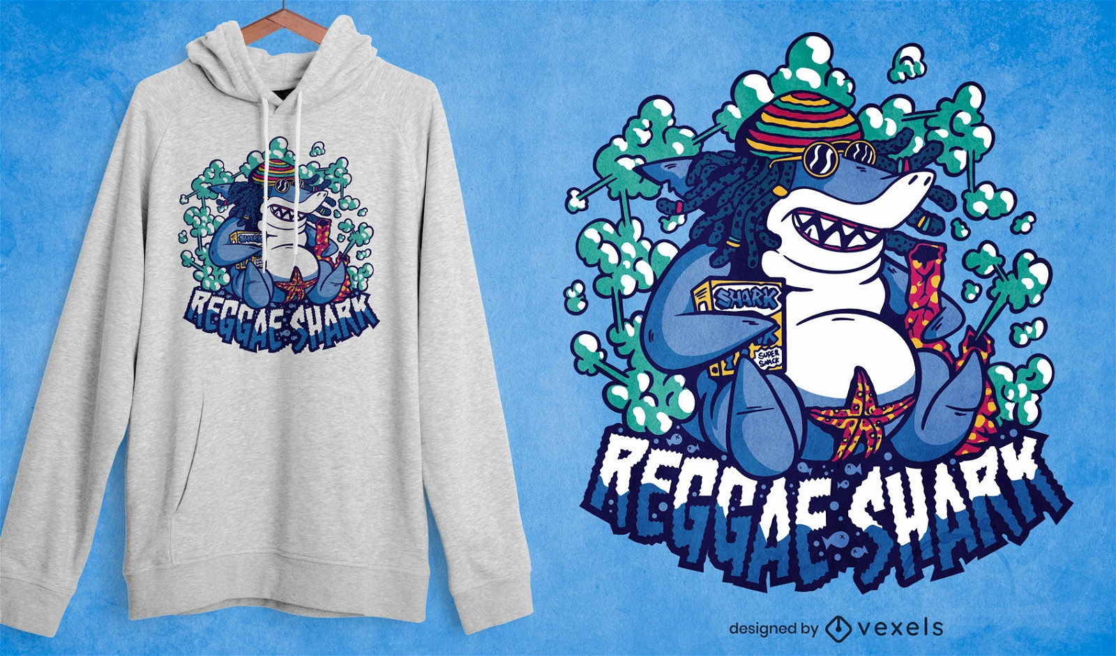 Design de camiseta de desenho animado de tubarão reggae