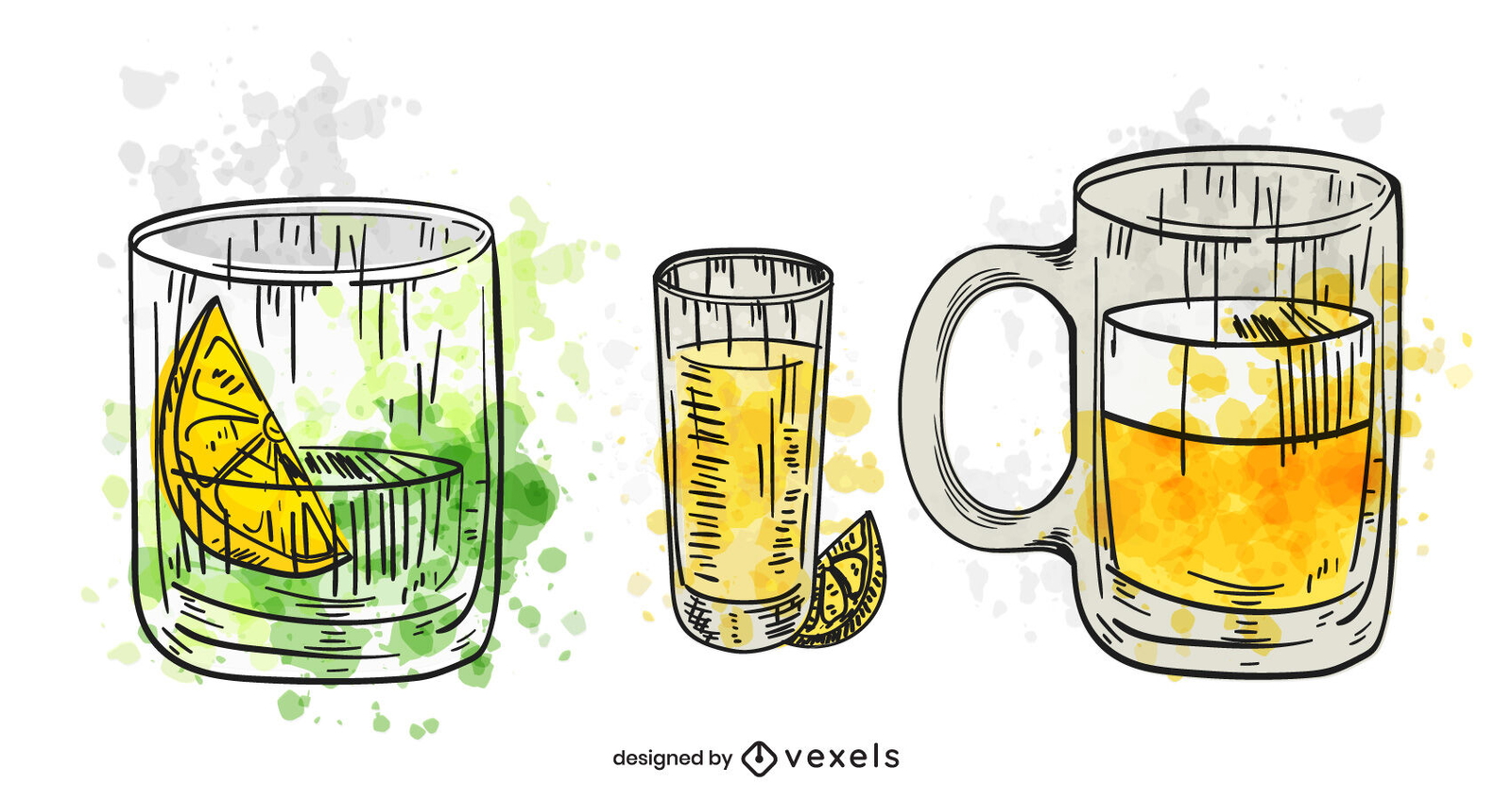 Conjunto de bebidas alcoólicas em aquarela